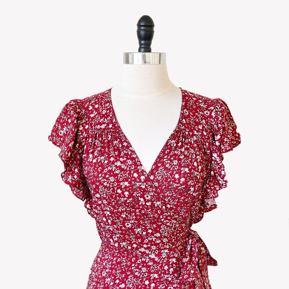 Red Scattered Floral Rayon Blend Short Sleeve Wrap Dress, Medium - Picture 2 of 5
